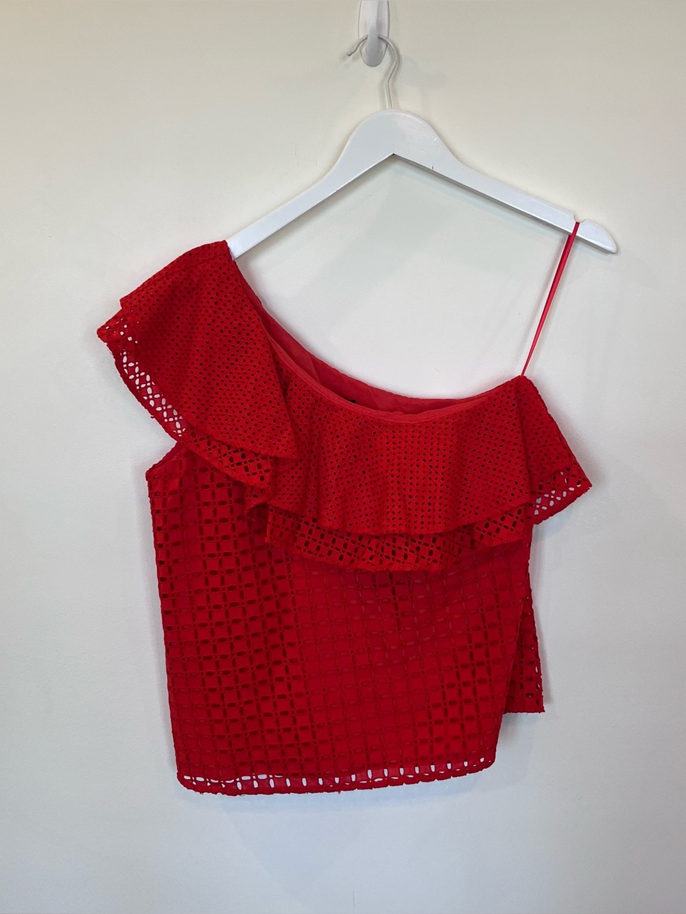 J Crew Fiery Red Sunset One Shoulder Ruffle Top In Eyelet G3395 Women’s 2